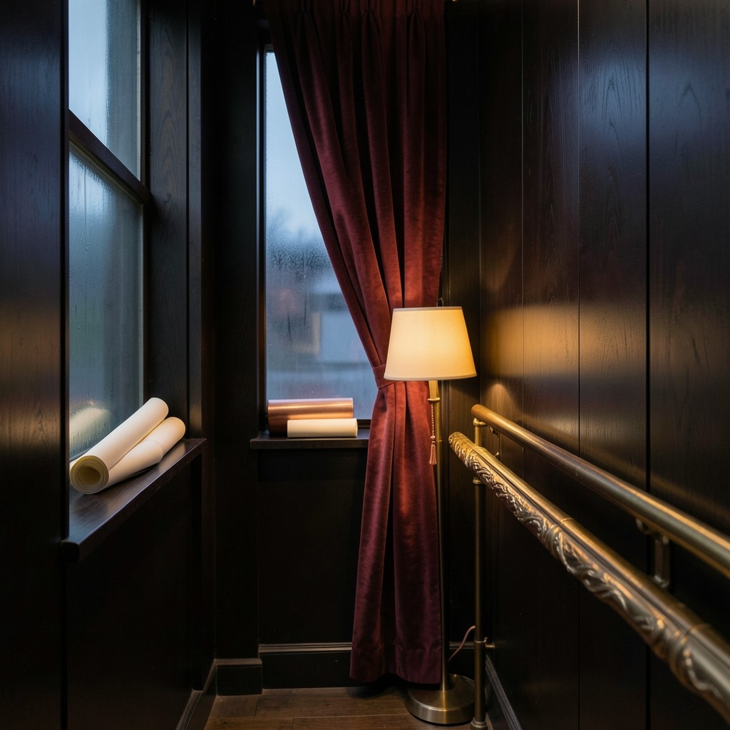The narrow Jeju studio at dusk, lacquered wood, a smoked-glass window, and rolled charts in a copper tube