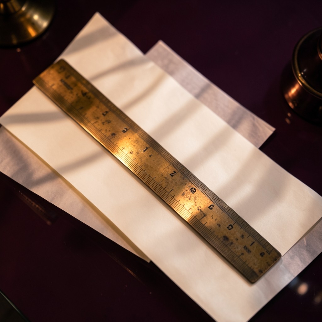 A brass ruler laid across translucent sheets that carry soft wavy bands, lit by a warm copper lamp