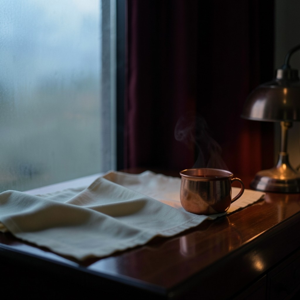 A dark studio at the edge of morning, a copper cup beside a cream sheet marked with a wide empty band