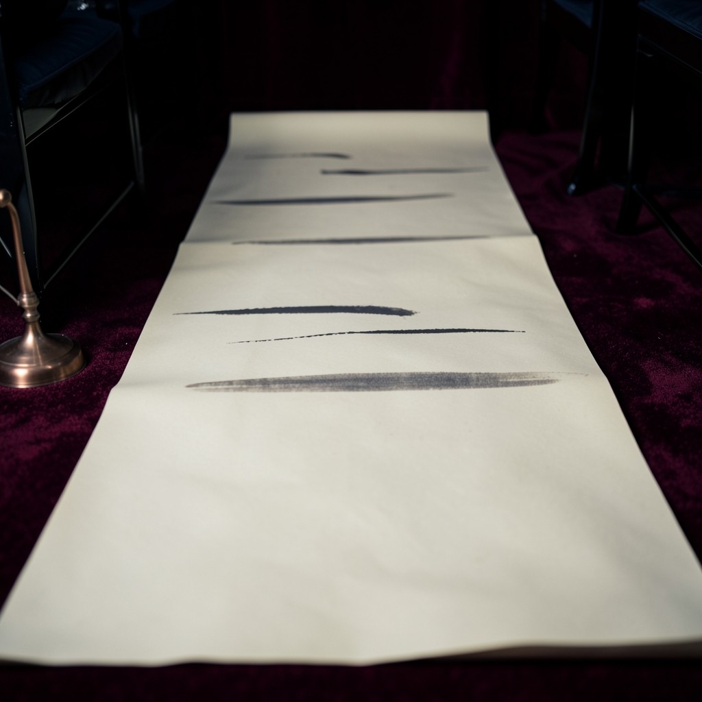 A very wide cream chart sheet unrolled across the floor of a burgundy velvet room