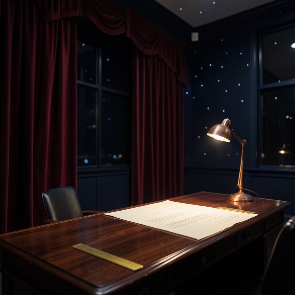 A dim Jeju training room at night, cream range sheets on a lacquered desk, a copper lamp, and burgundy velvet curtains