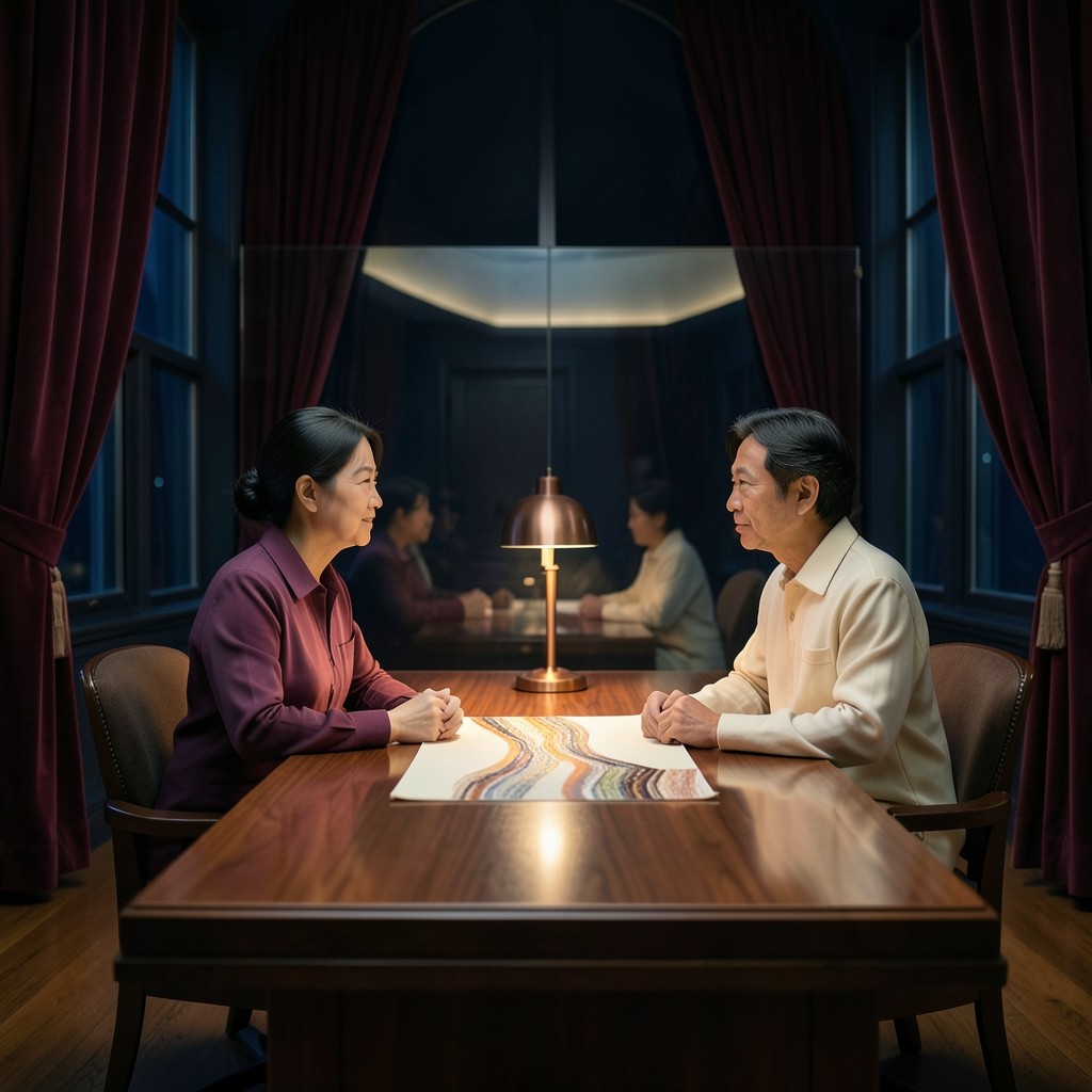 Two adults reviewing a large chart sheet at a narrow walnut desk