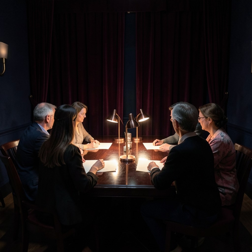 Adults seated along a long table in a dark velvet room, copper lamps over separate paper sheets