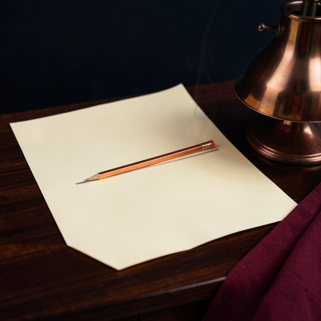 A copper pencil on cream paper with one horizontal band, under a copper lamp