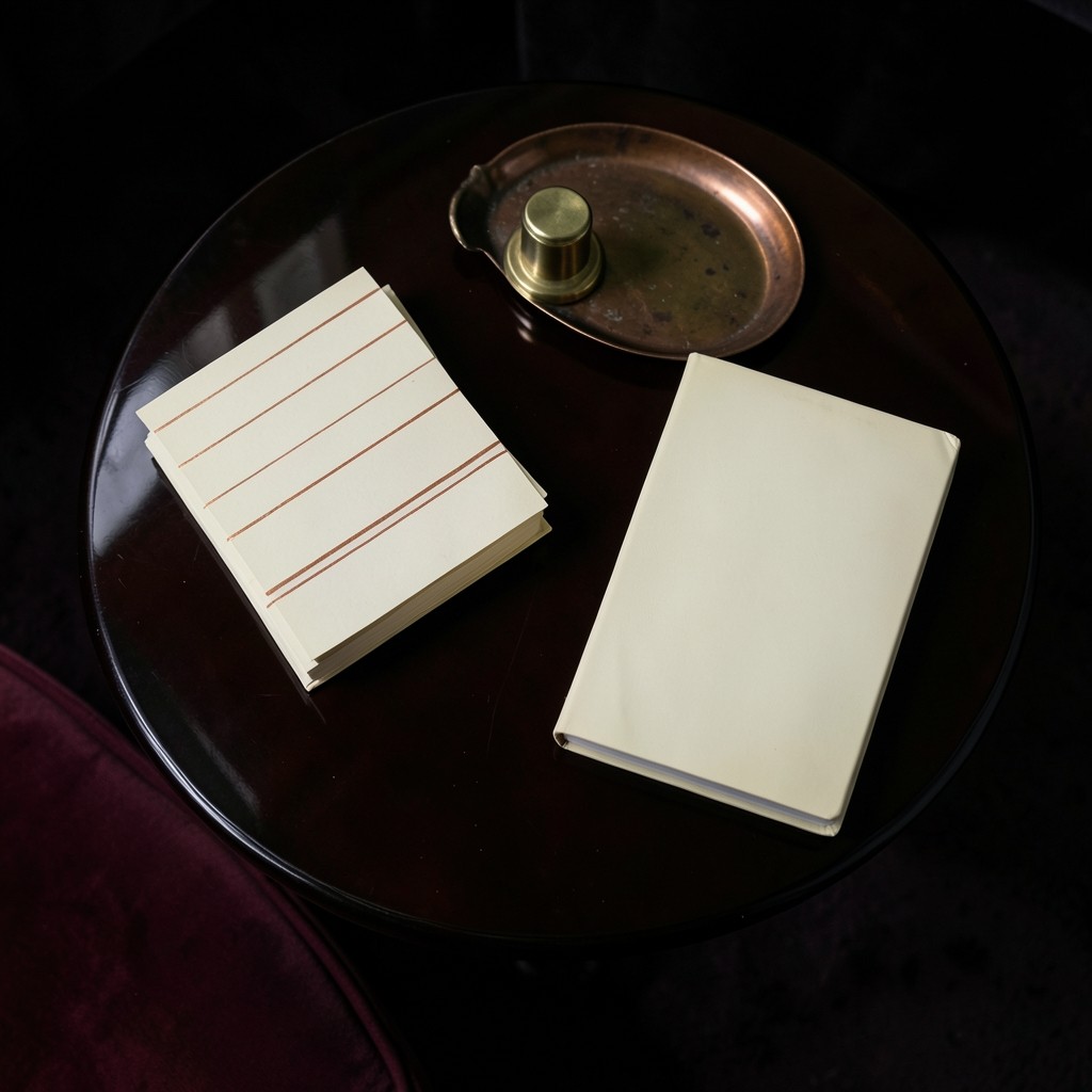 Cream sheets with copper range bars and a brass weight on a dark table