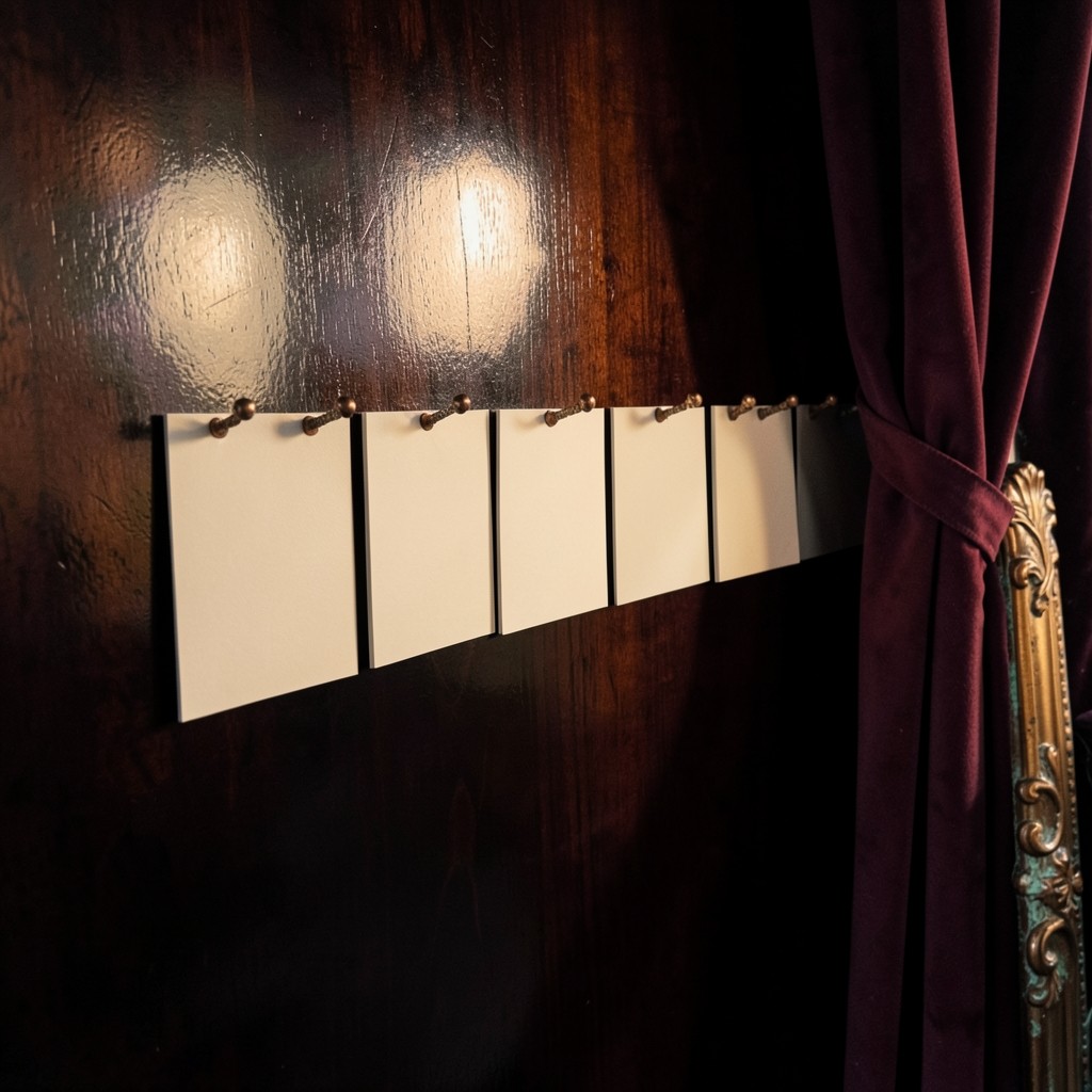 A lacquered wood wall in a velvet room with blank cream cards pinned by copper tacks
